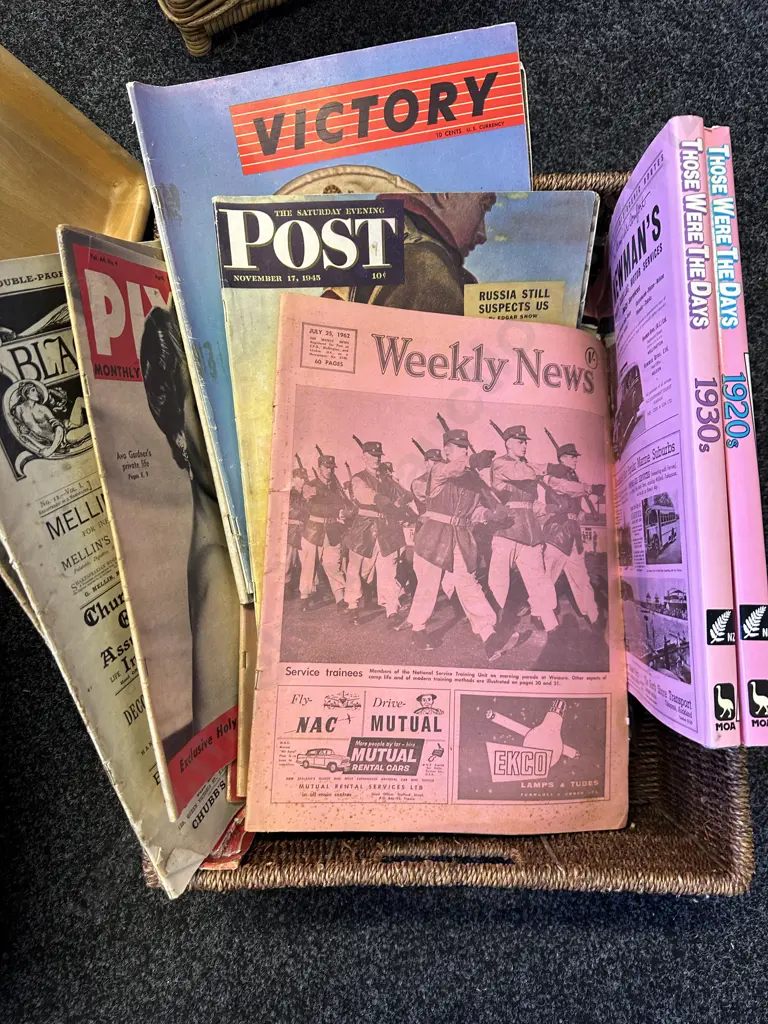 Double Handled Cane Basket With Vintage Magazines & Books Including The Weekly News, Victory, Post, Pix Etc Image 1++